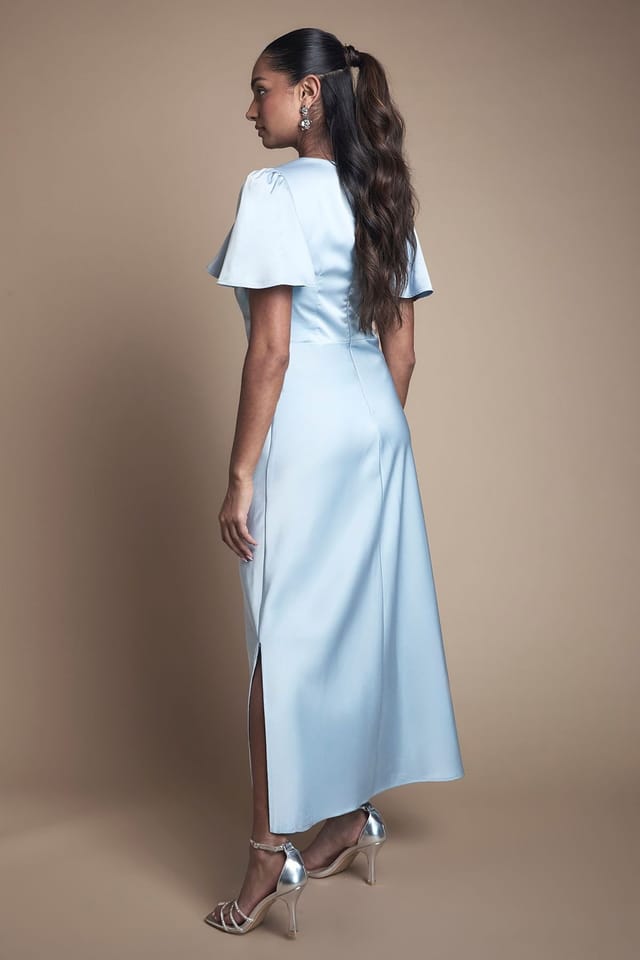 Oasis Oasis Women's Satin Twist Front Angel Sleeve Midi Bridesmaid Dress in Light Blue - 3