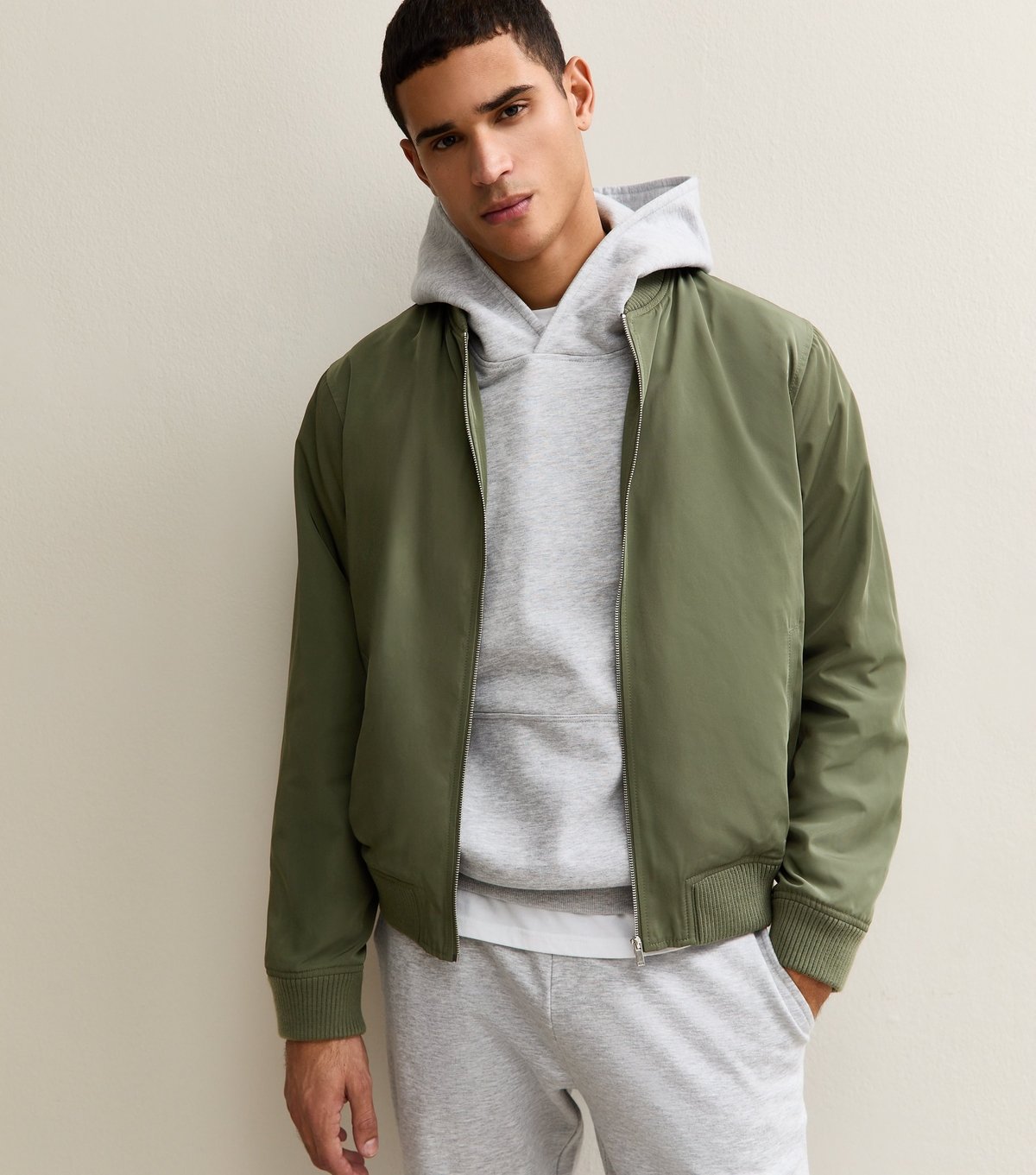 New Look Men's Dark Khaki Tech Fabric Bomber Jacket New Look - 4