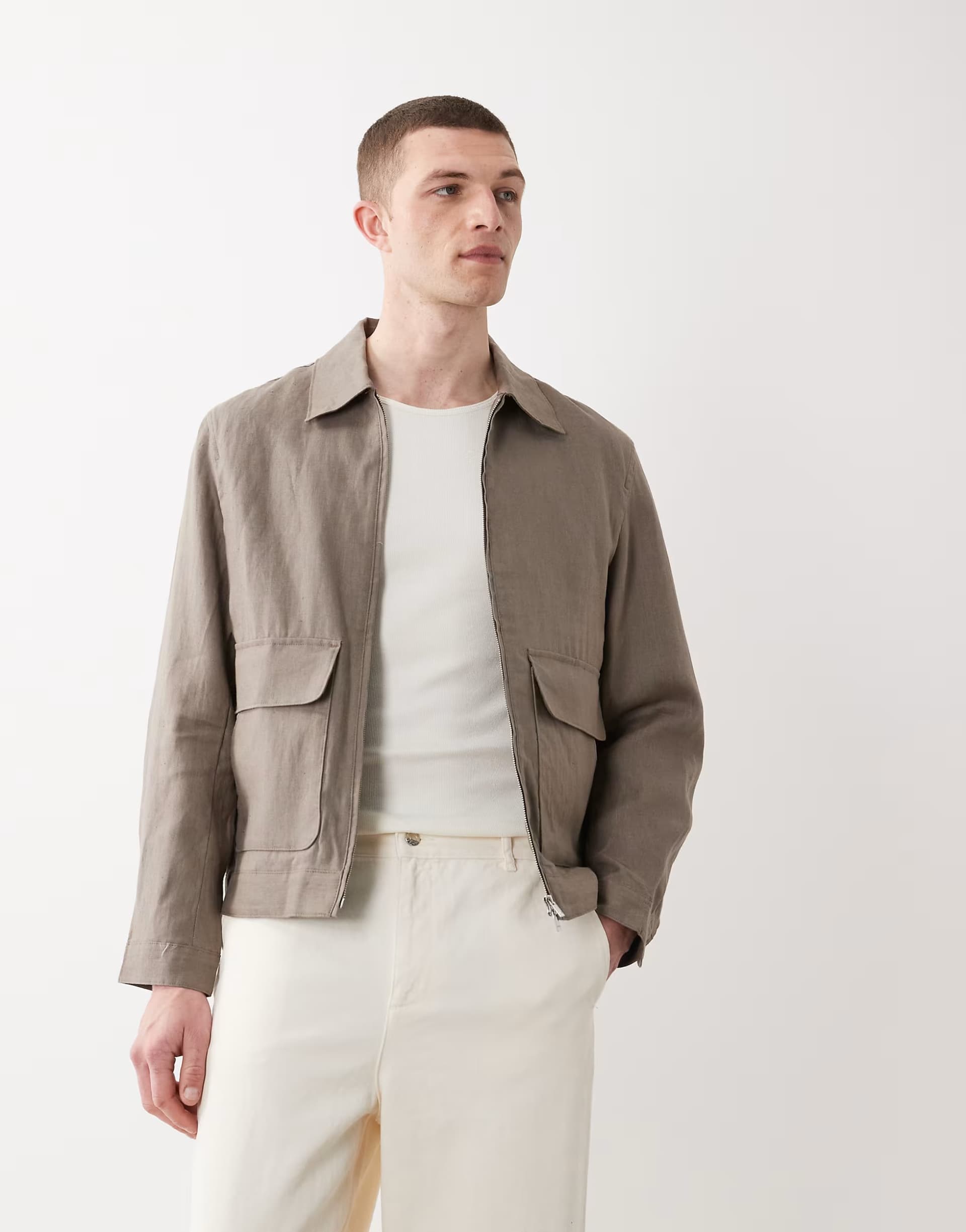ASOS ASOS Essentials 100% Linen Double Zip Jacket in Mushroom