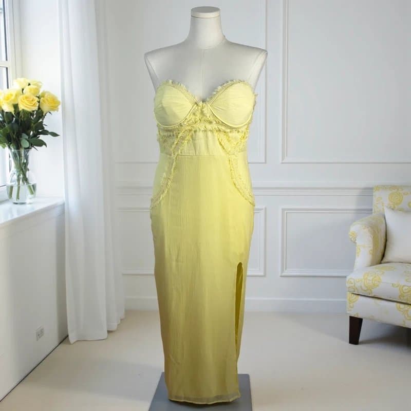 ASOS Design UK 16 ASOS Design Raw Edge Corset Detail Midi Dress Sweetheart Split Lemon Yellow