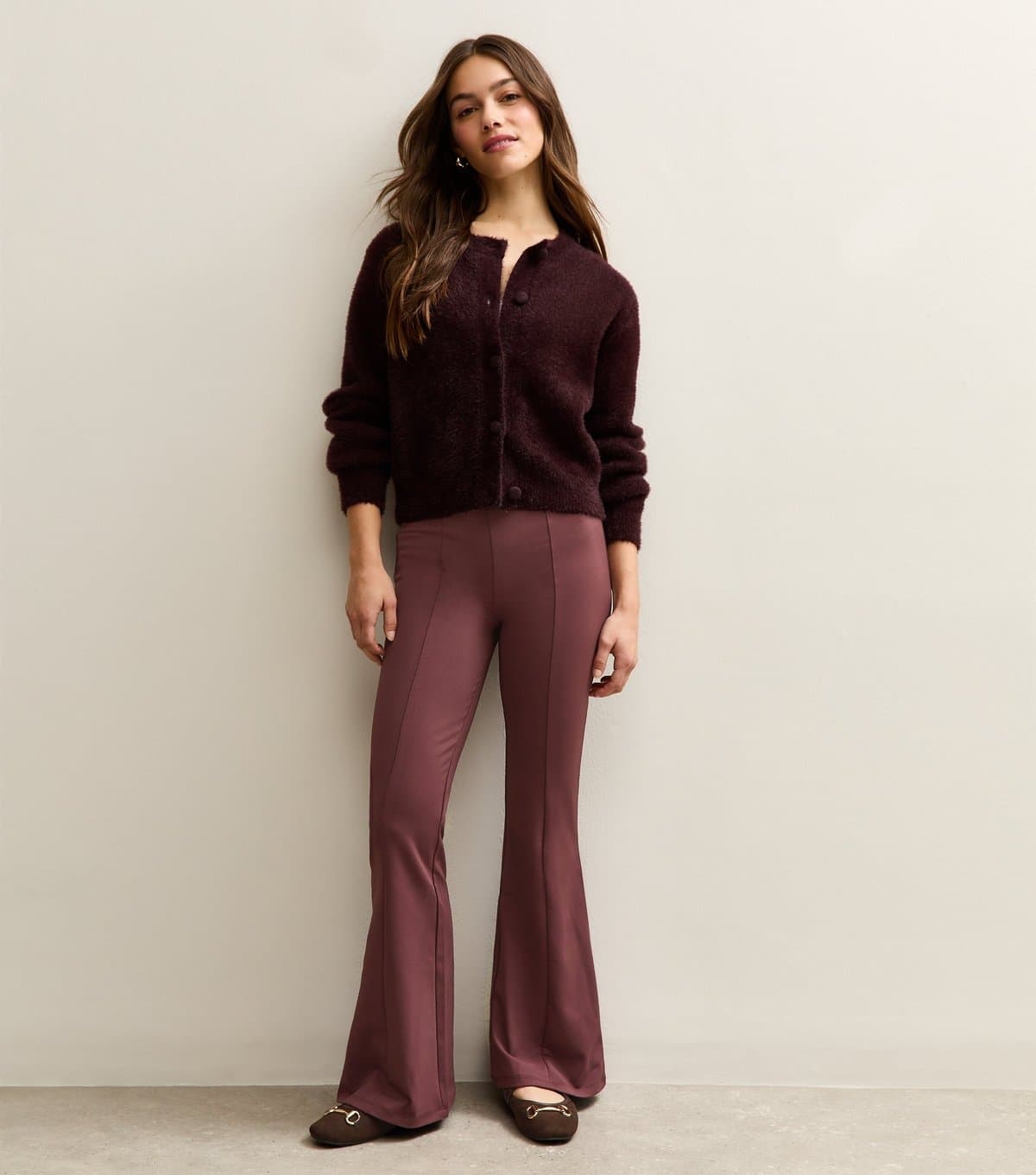 New Look Women's Petite Dark Burgundy Front Seam Flared Trousers New Look