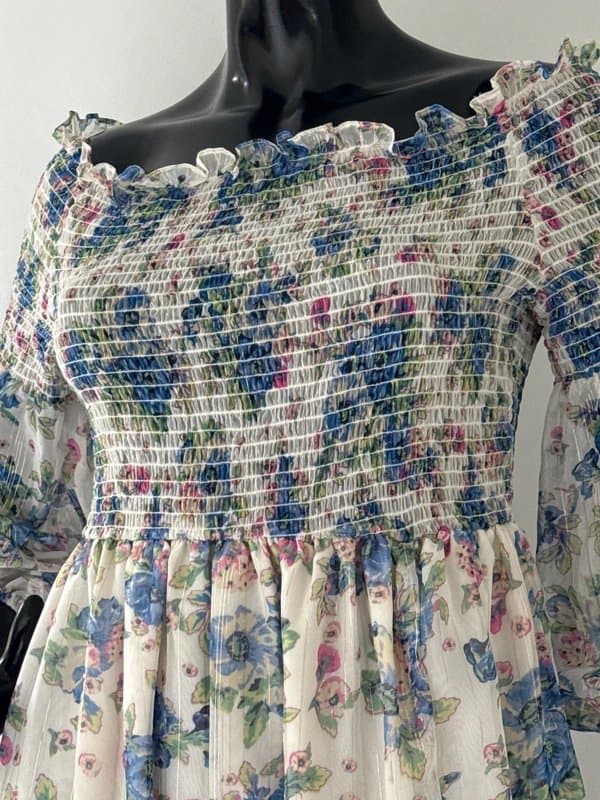 Warehouse Warehouse white blue metallic floral summer dress uk16 pretty hippie boho Bardot