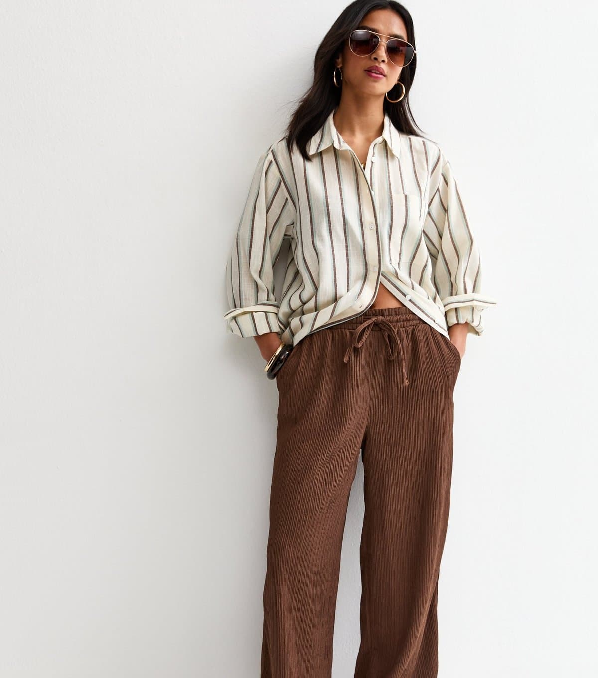 New Look Women's Petite Dark Brown Textured Jersey Wide Leg Trousers New Look