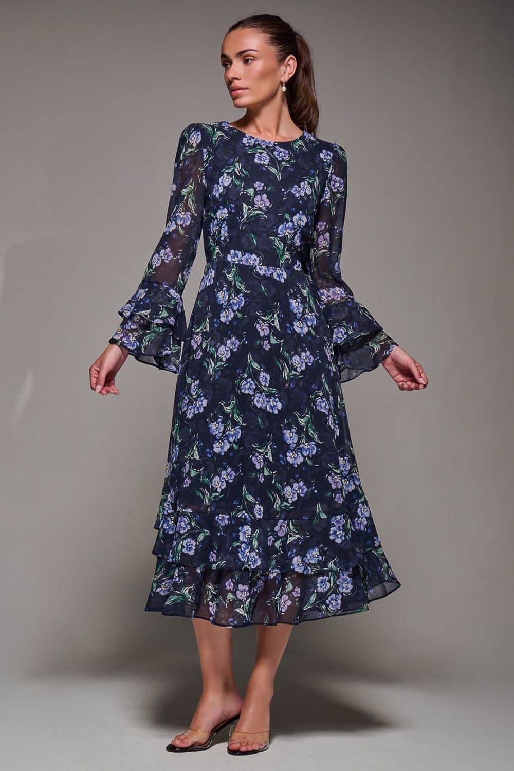 Jolie Moi Jolie Moi Women's Long Sleeve Chiffon Frill Midaxi Dress in Navy