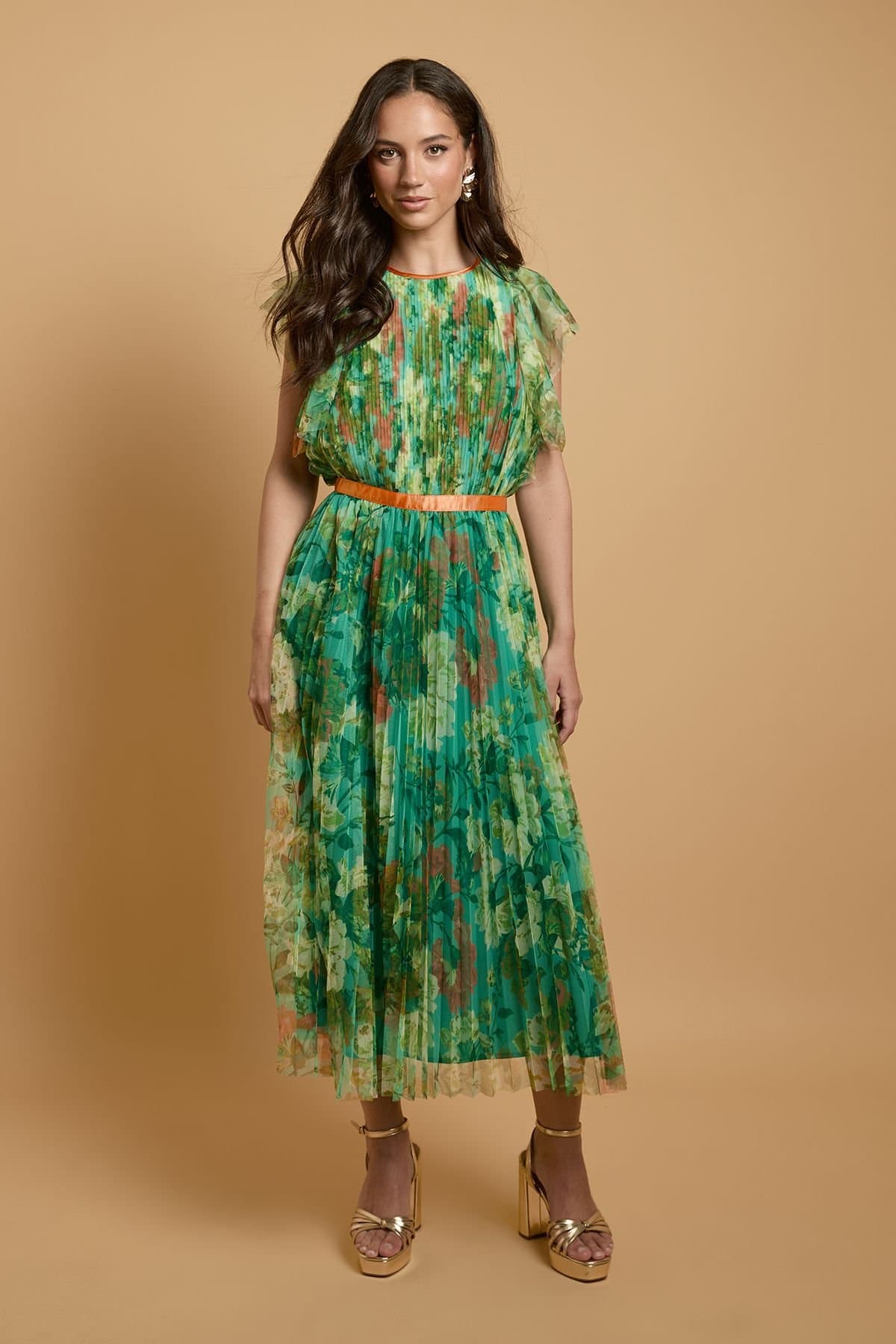Oasis Oasis Women's Printed Pleated Mesh Midi Dress With Flutter Sleeve in Blue