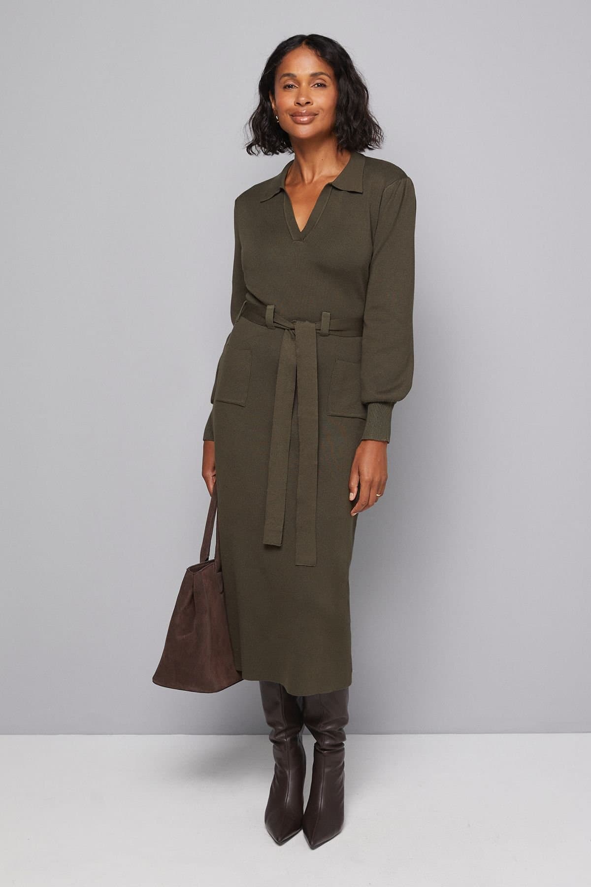 Wallis Wallis Women's Collared Belted Midi Dress in Khaki
