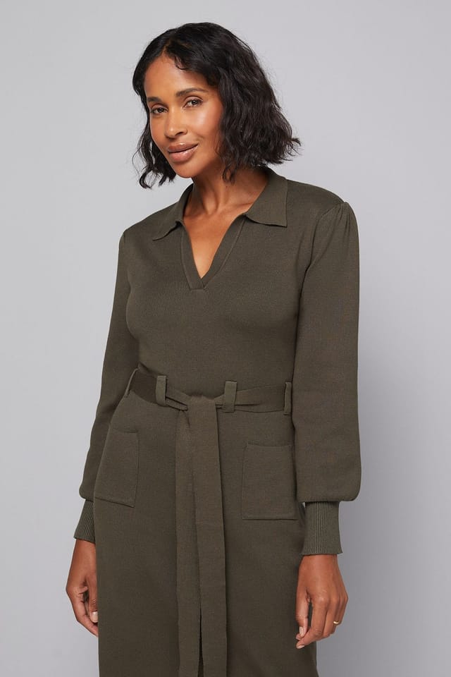 Wallis Wallis Women's Collared Belted Midi Dress in Khaki - 2