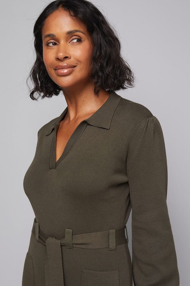 Wallis Wallis Women's Collared Belted Midi Dress in Khaki - 3