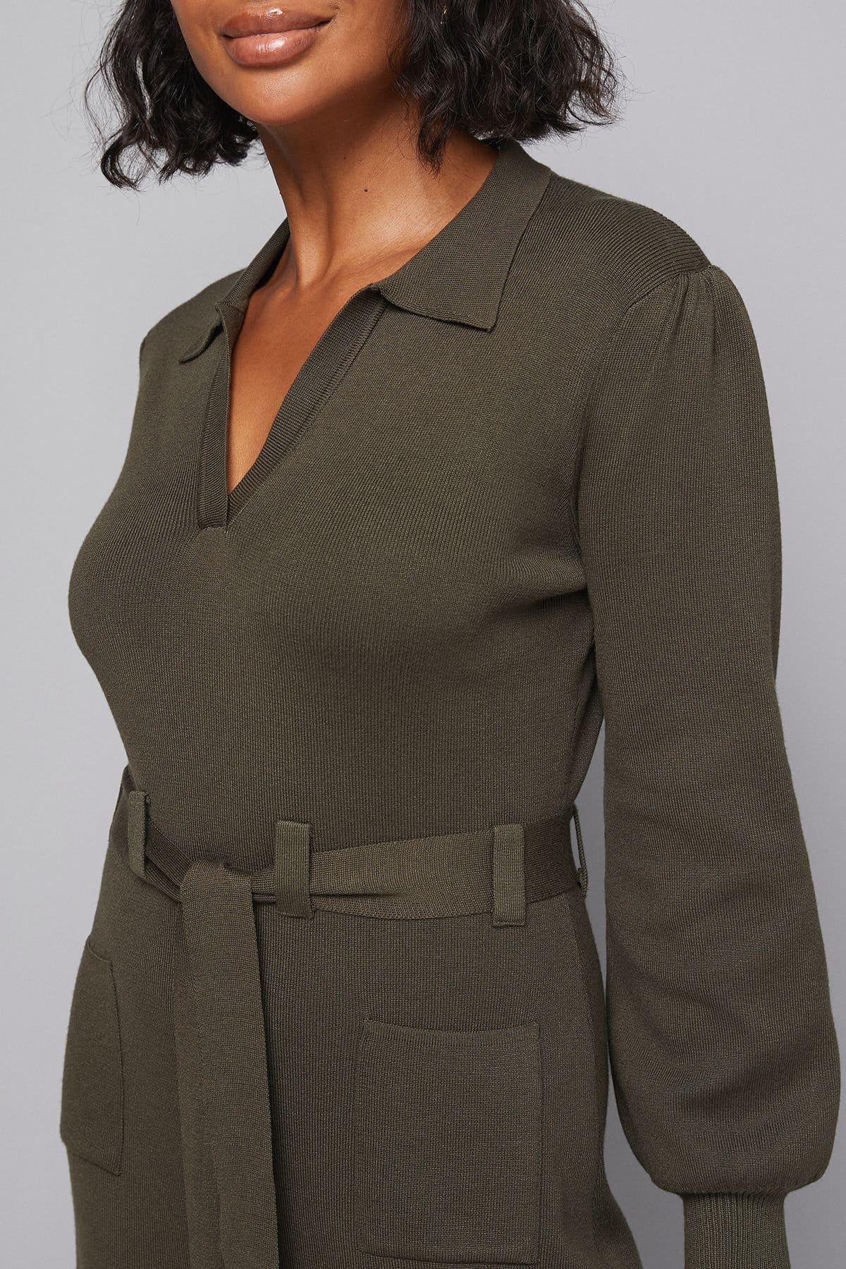 Wallis Wallis Women's Collared Belted Midi Dress in Khaki - 4