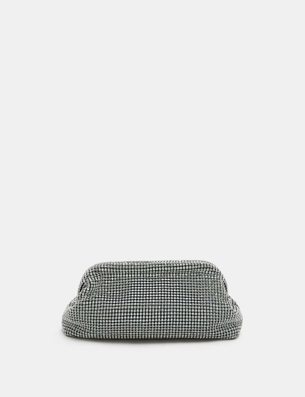 Marks & Spencer M&S Satin Diamanté Frame Clutch Bag Silver