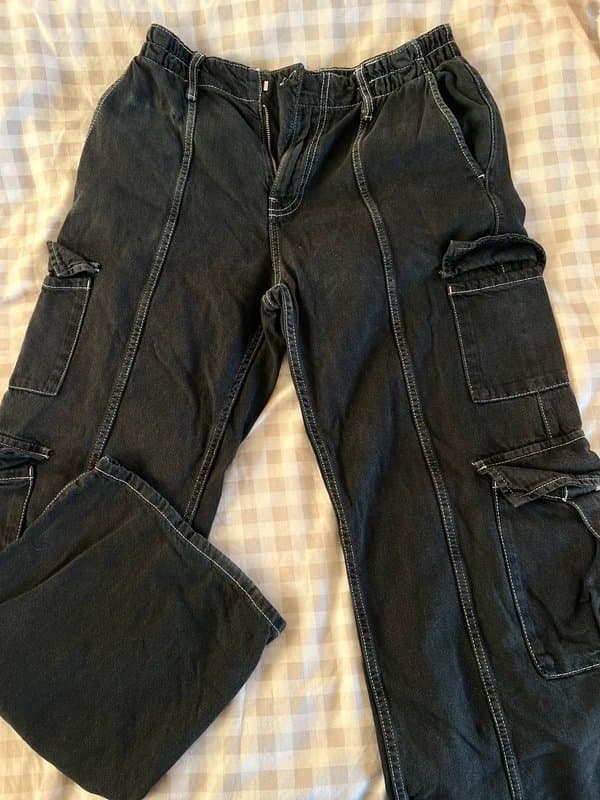 Bershka Black with white contrast stitch cargo jeans