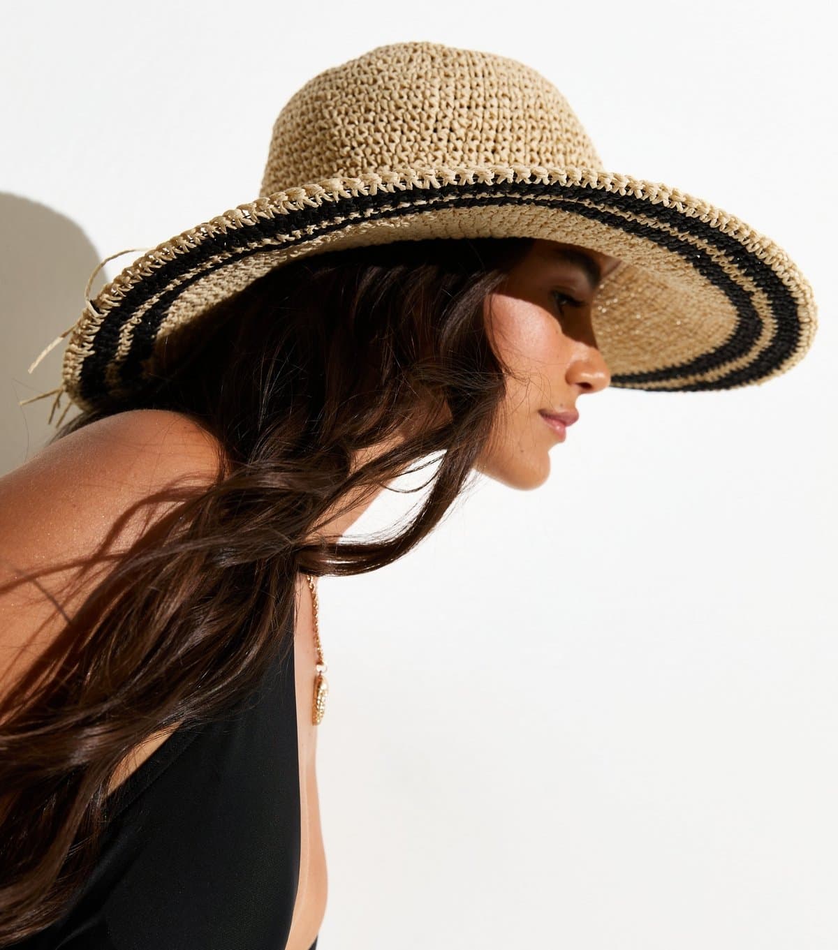 New Look New Look Stone Crochet Striped Wide Brim Straw Hat