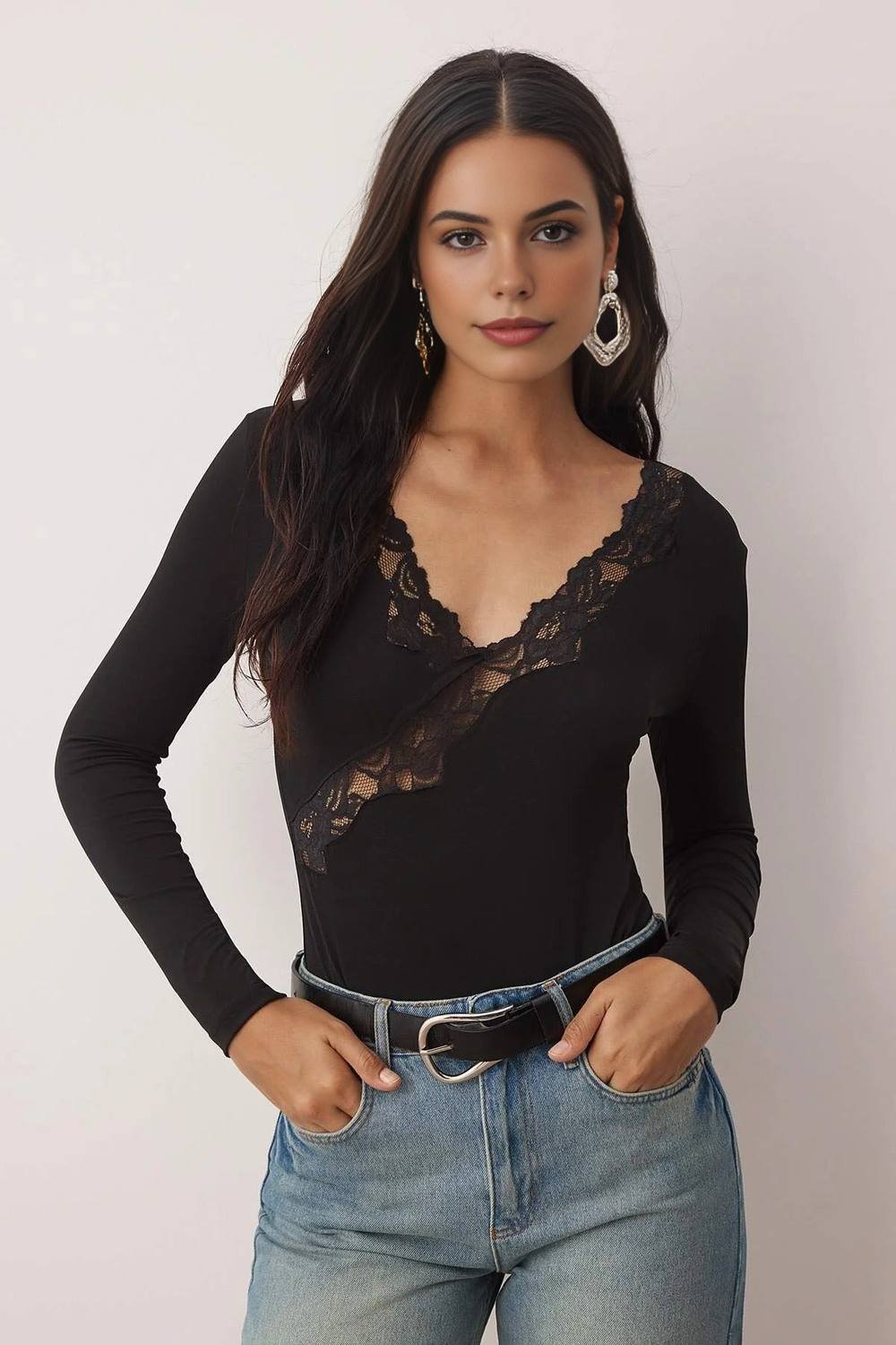WOVCOR WOVCOR Women's Lace Trim Long Sleeve V-Neck Knit Bodysuit in Black - 2