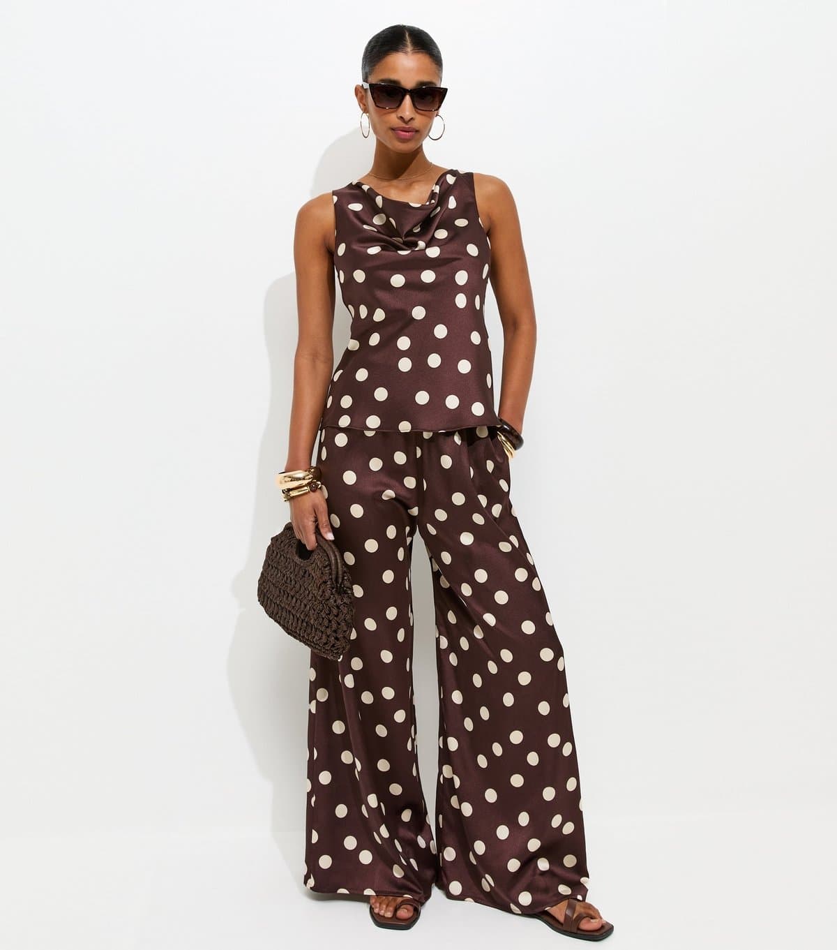 New Look Women's Red Satin Spot Print Wide Leg Palazzo Trousers New Look