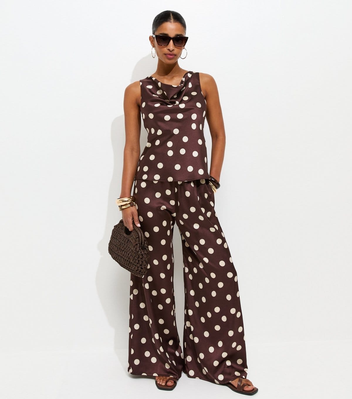 New Look Red Satin Spot Print Wide Leg Palazzo Trousers