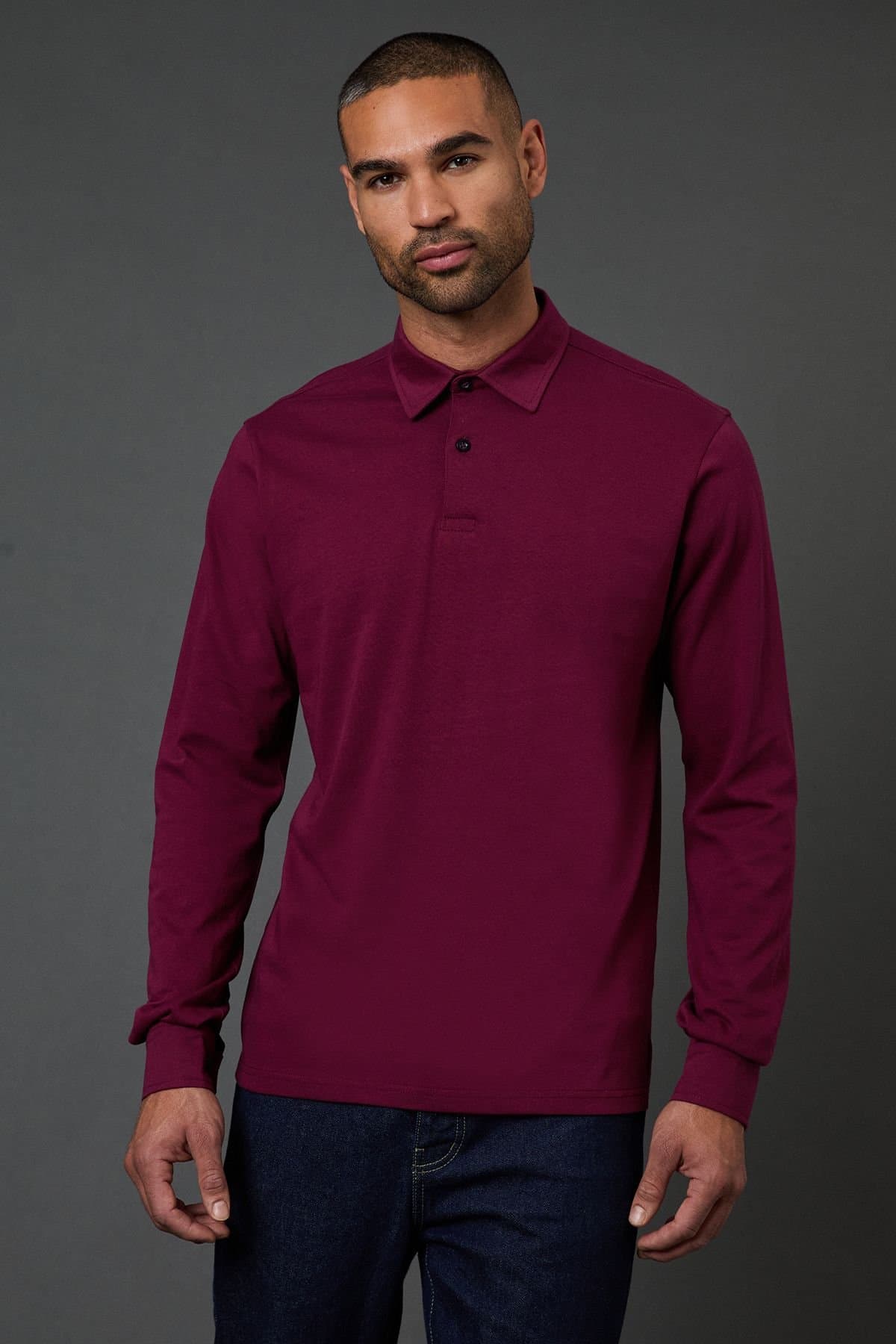 Burton Burton Men's Burgundy Long Sleeve Smart Polo Shirt