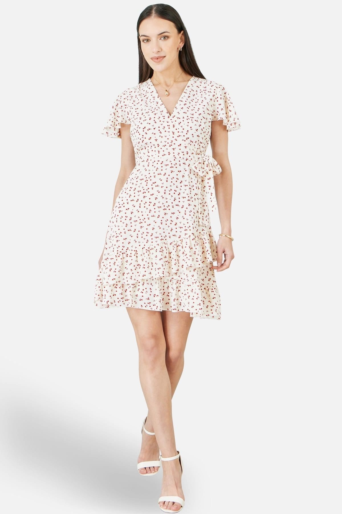 Yumi Warm White Ditsy Print Frill Wrap Dress