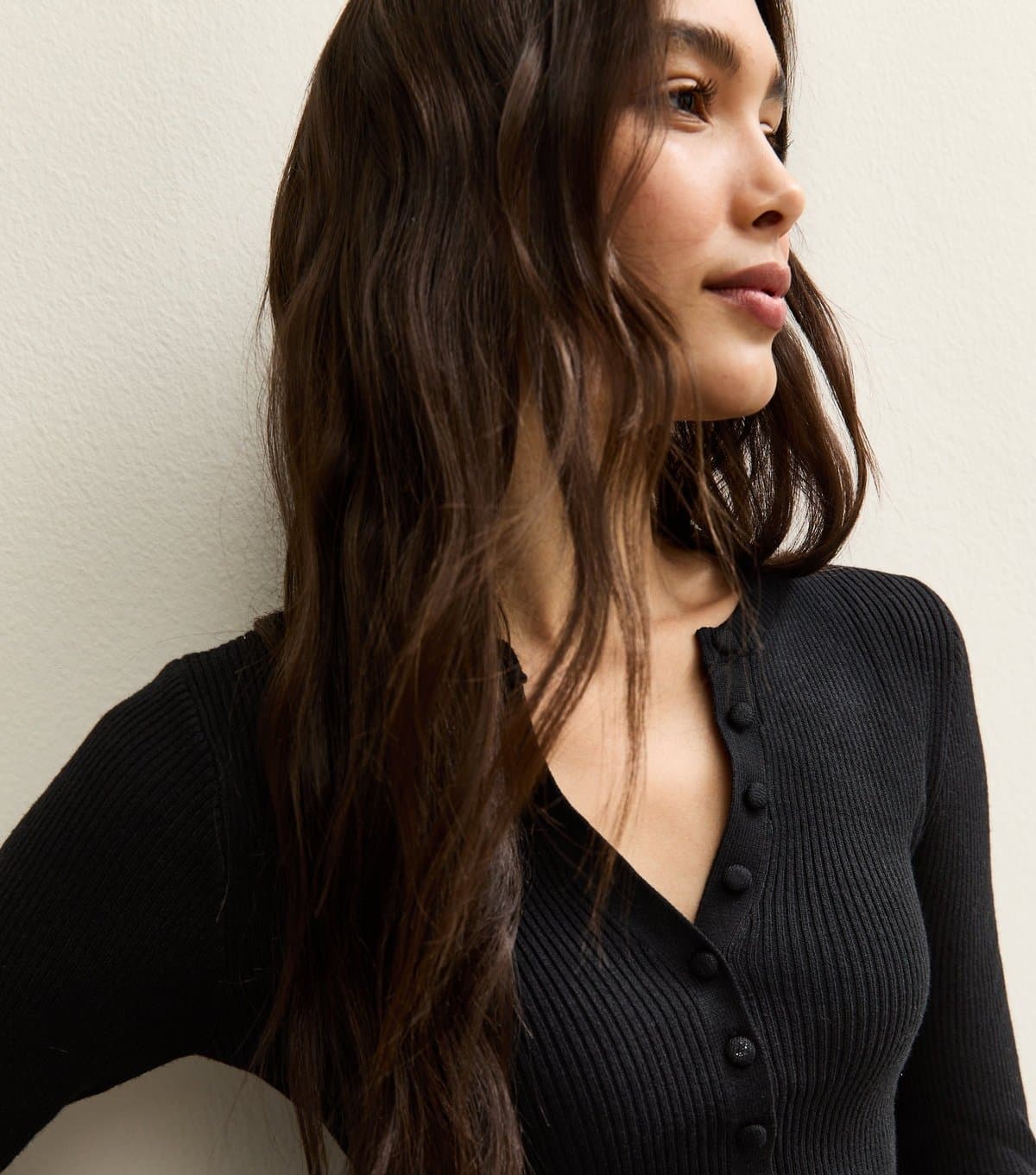 New Look Women's Black Ribbed Knit Long Sleeve Button Up Jumper New Look