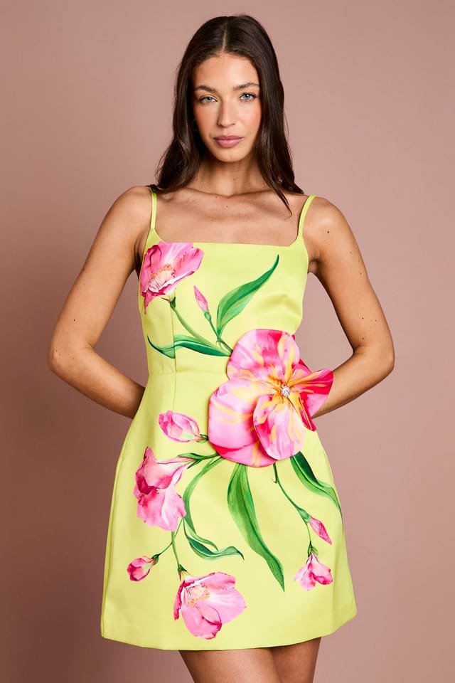 Coast Coast Women's 3D Floral Corsage Satin Mini Dress in Yellow - 2