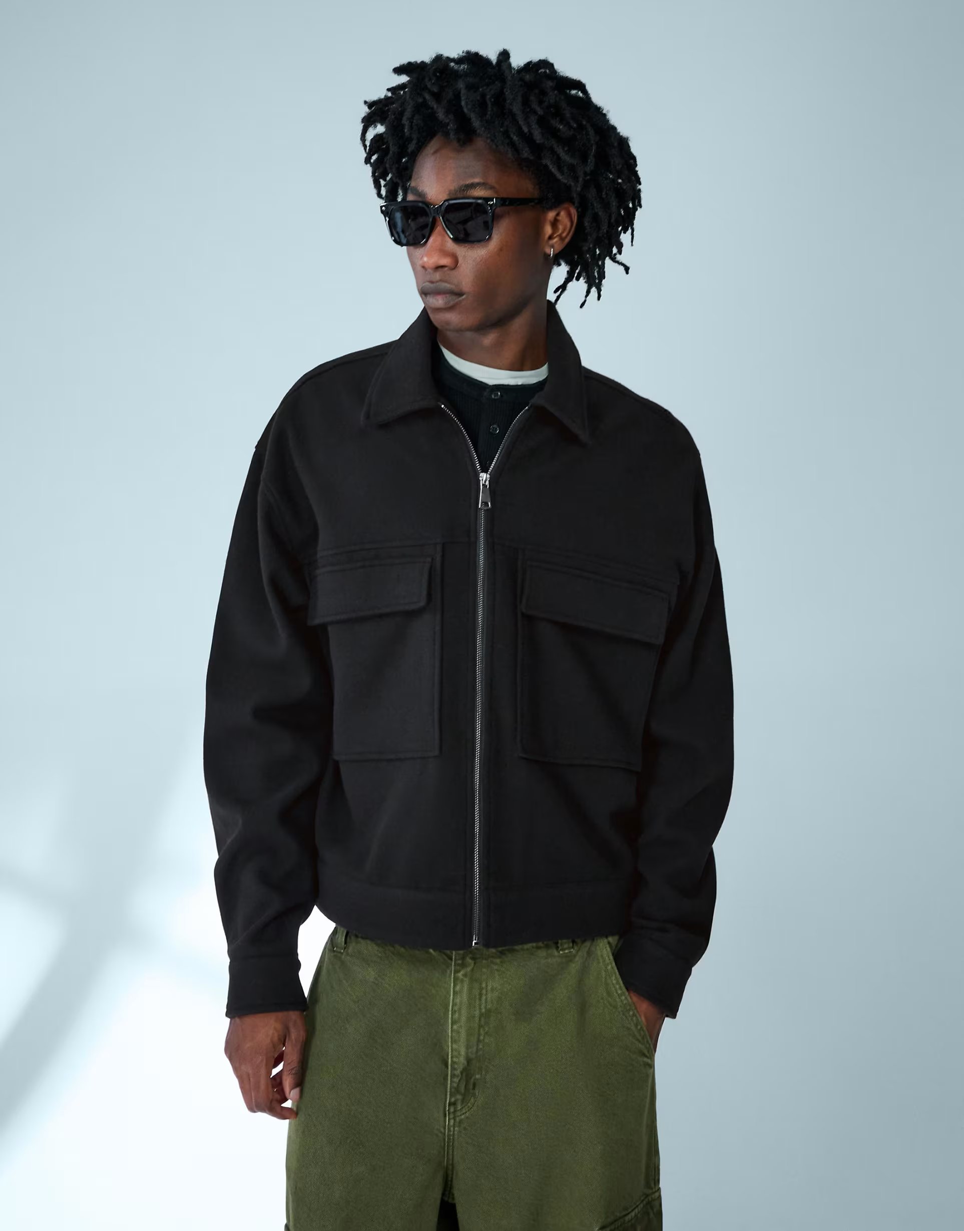 ASOS Bershka Boxy flannel zip overshirt in black - 1