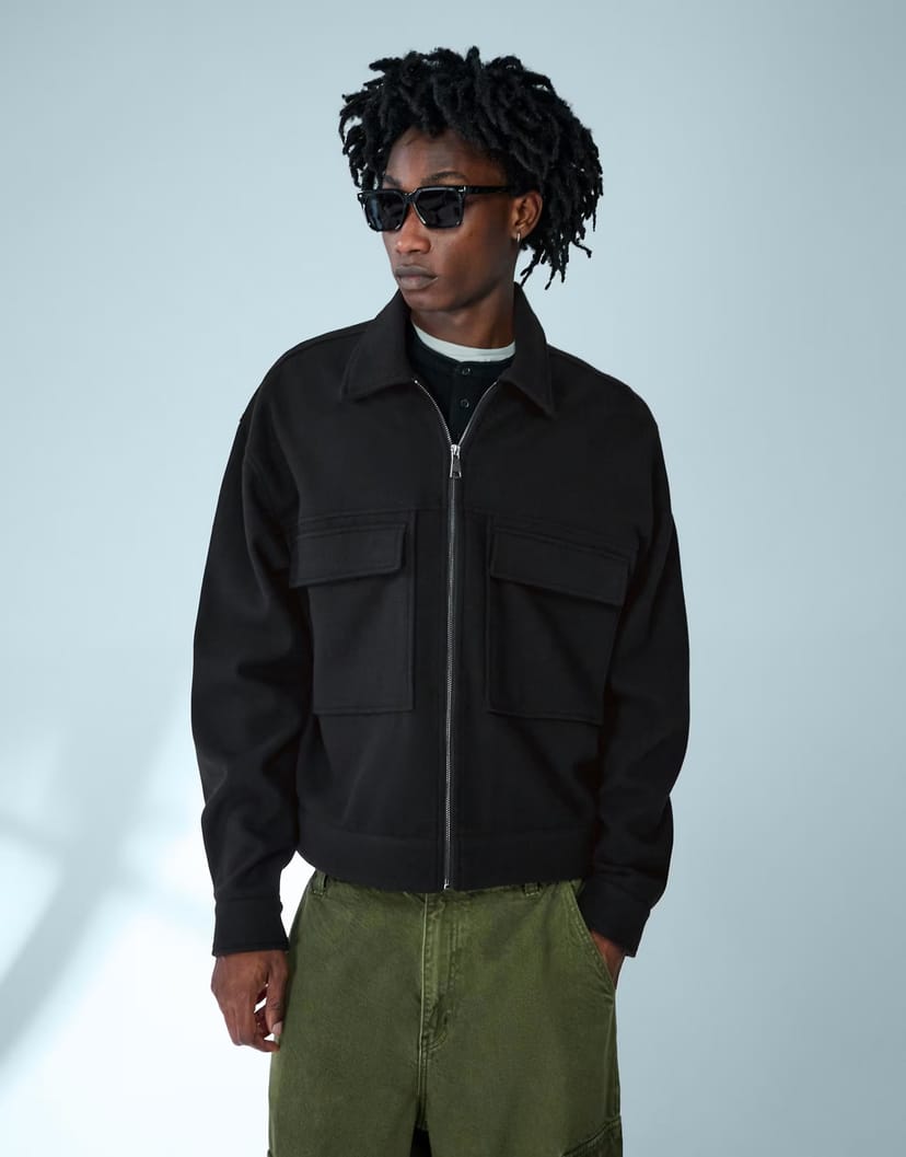 ASOS Bershka Boxy flannel zip overshirt in black - 1