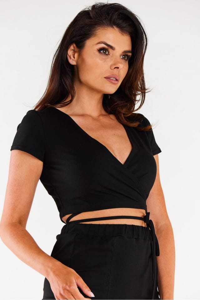Love Lace Love Lace Women's Short Sleeve Crop Blouse Tie Neck in Black - 2