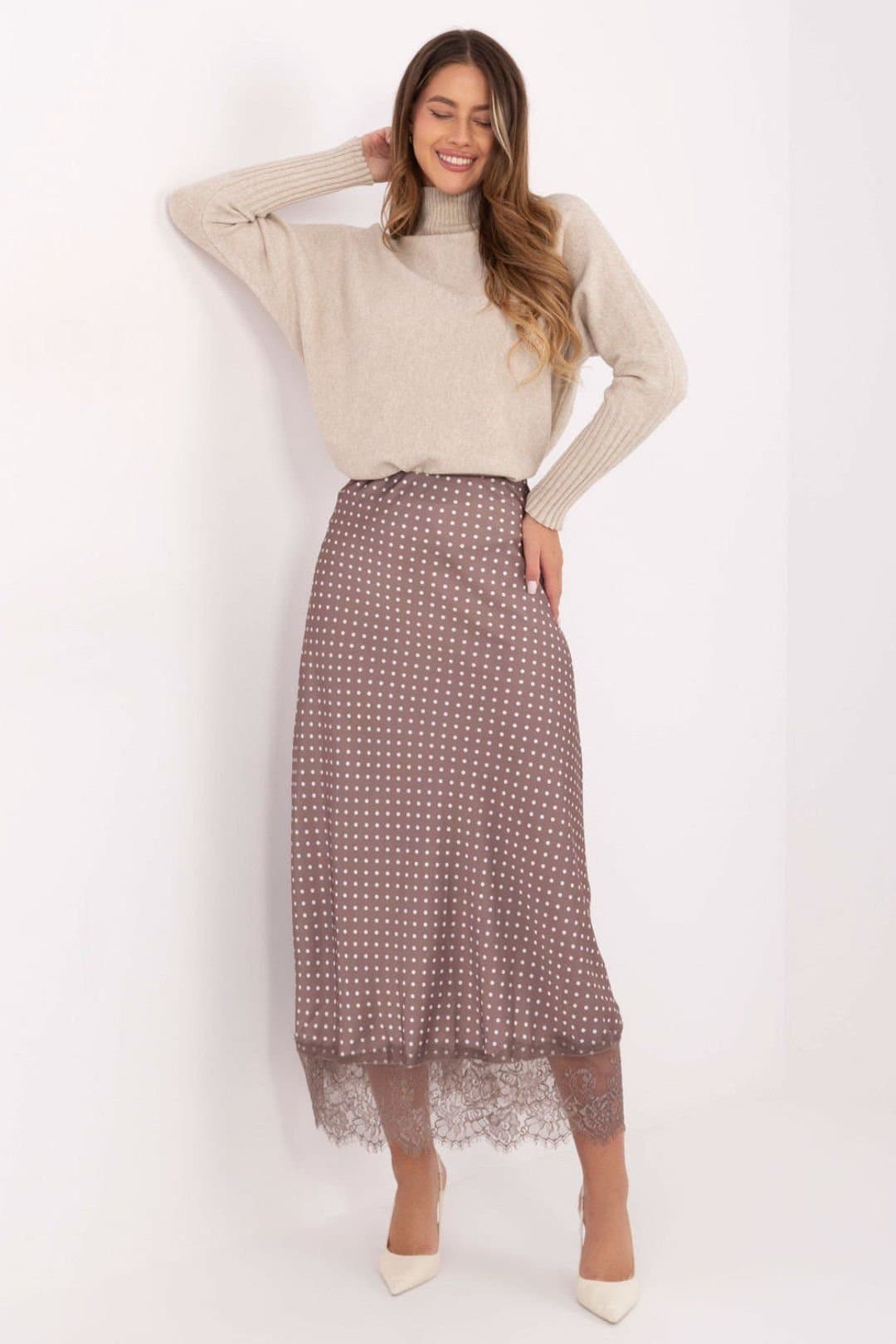 Love Lace Love Lace Women's Polka Dot Lace Midi Skirt with Stretch Waist in Beige