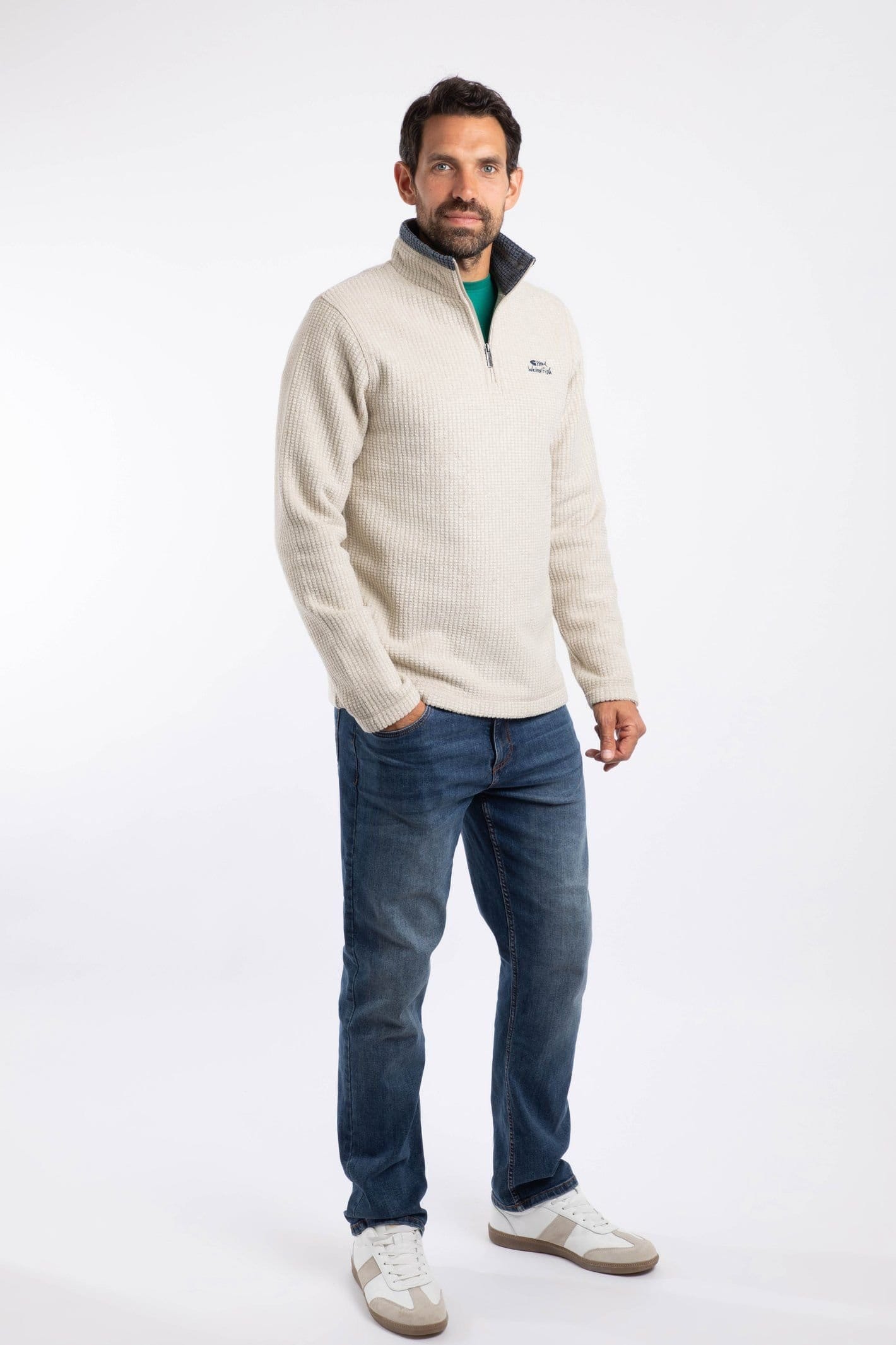 Weird Fish Weird Fish Men's Newark 1/4 Zip Grid Fleece in Ecru - 4