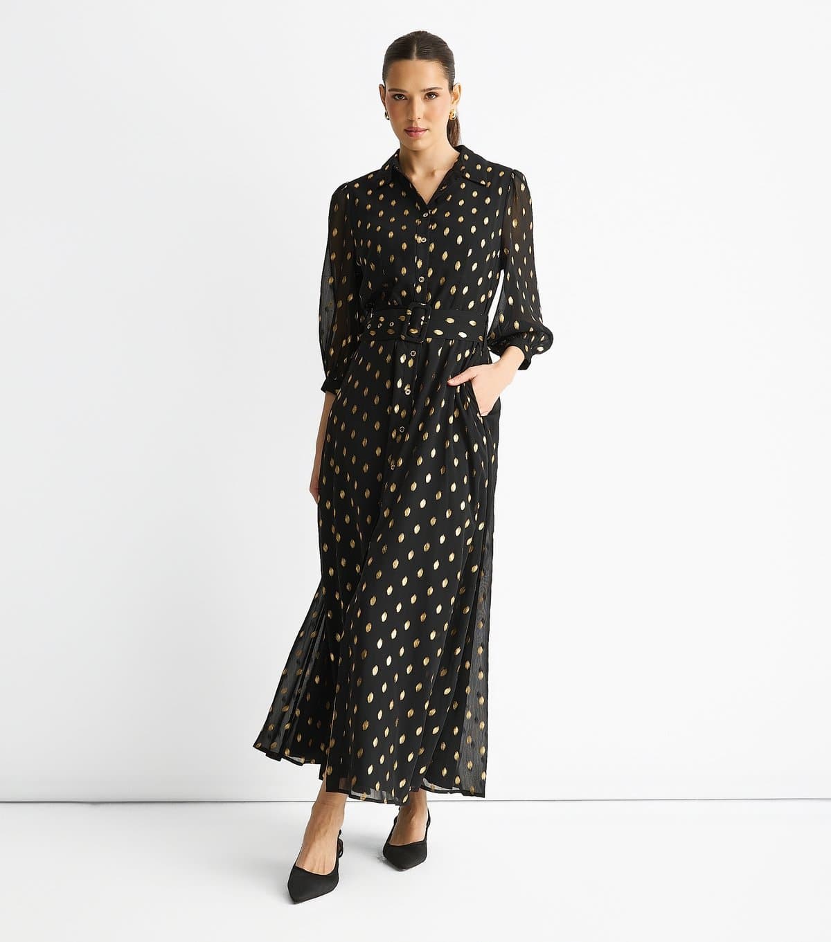 Gini London Women's Black Chiffon Foil Belt Maxi Shirt Dress Gini London New Look