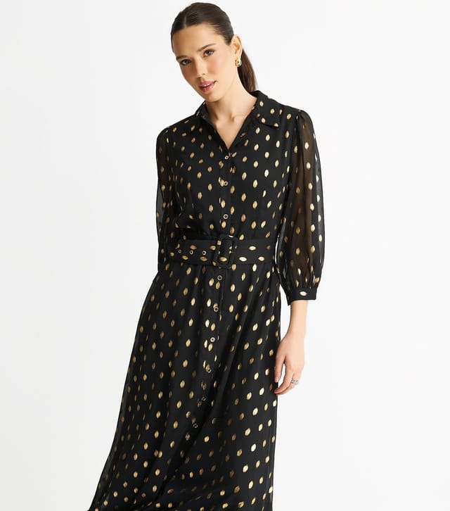 Gini London Women's Black Chiffon Foil Belt Maxi Shirt Dress Gini London New Look - 2