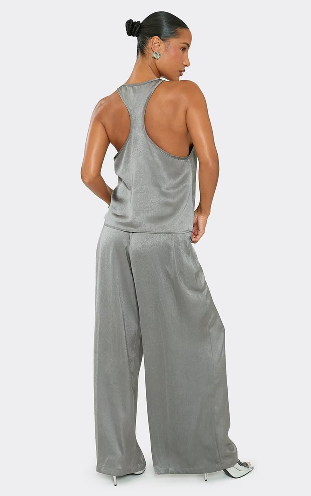 EGO Mid Rise Drawstring Waist Wide Leg Trousers In Grey Satin, Women's Size UK 6