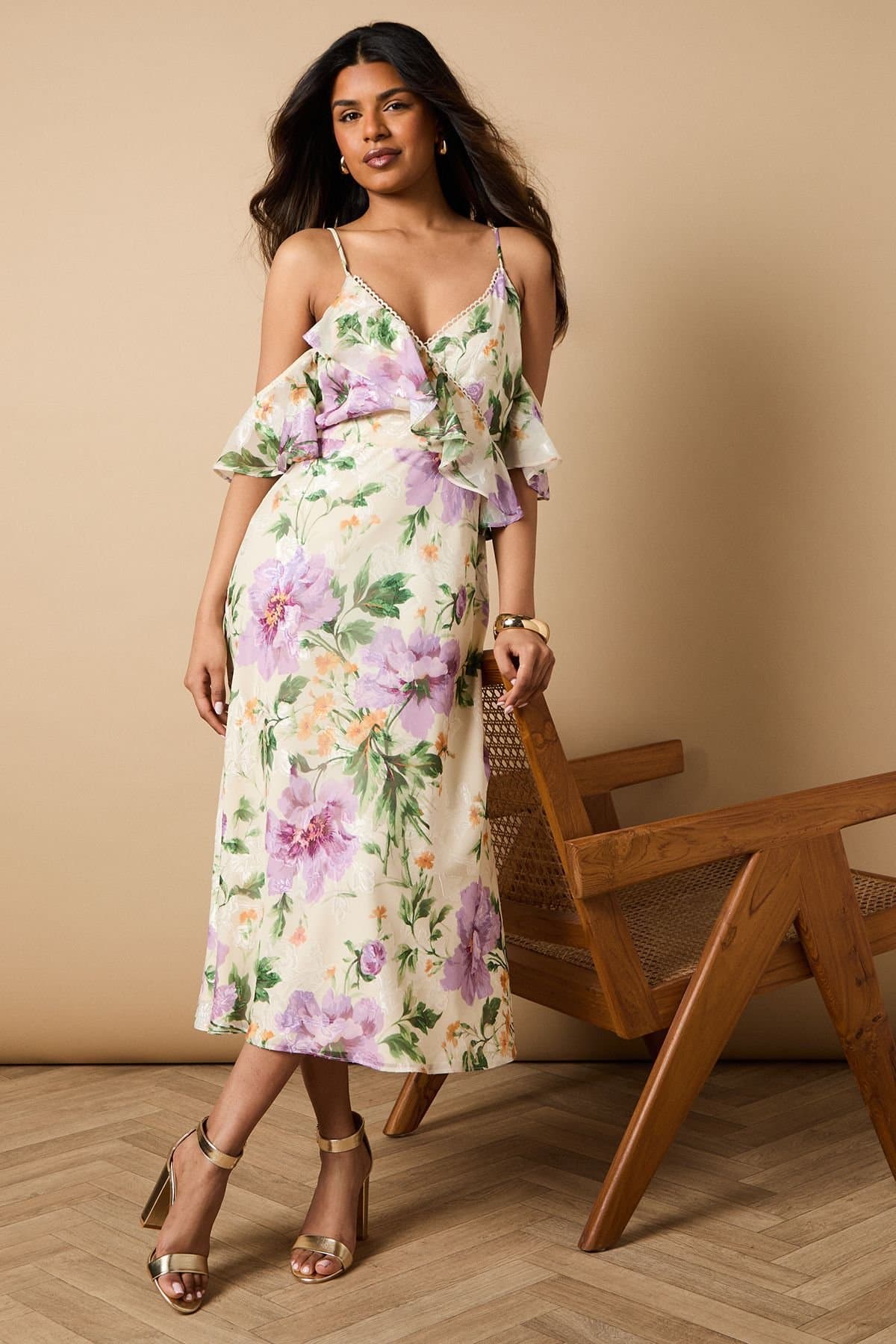 Oasis Oasis Women's Petite Floral Satin Burnout Cold Shoulder Dress in Ivory