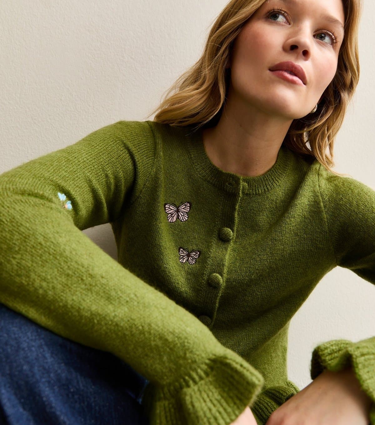 New Look Women's Green Embroidered Butterfly Frill Hem Cardigan New Look