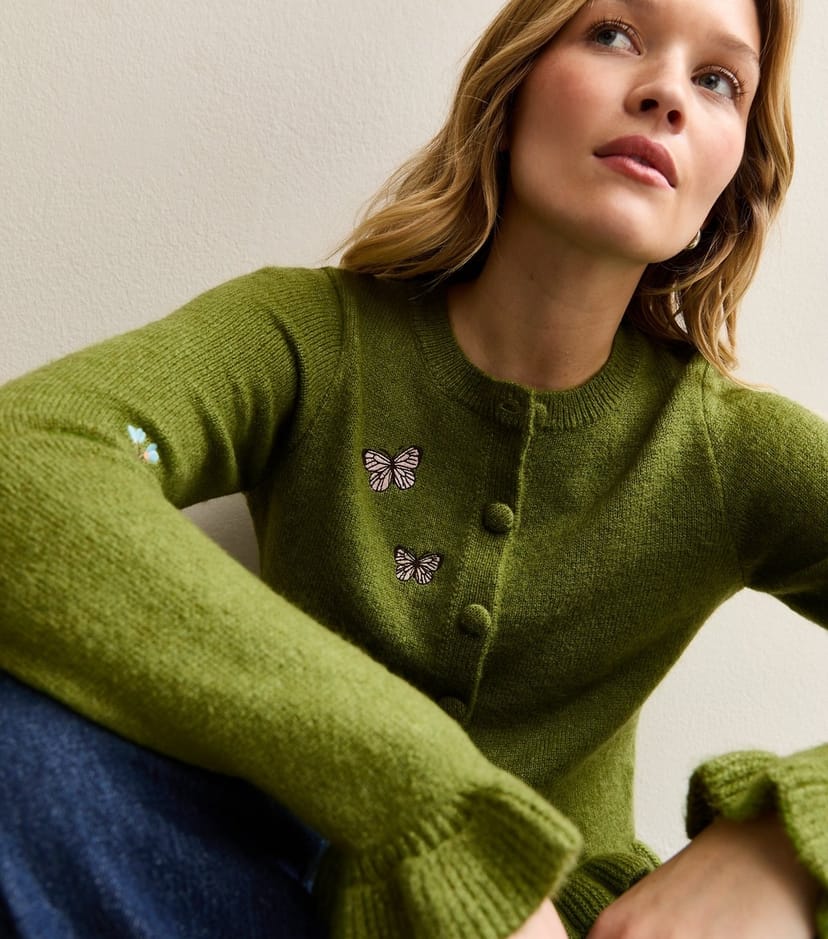 New Look Women's Green Embroidered Butterfly Frill Hem Cardigan New Look - 1