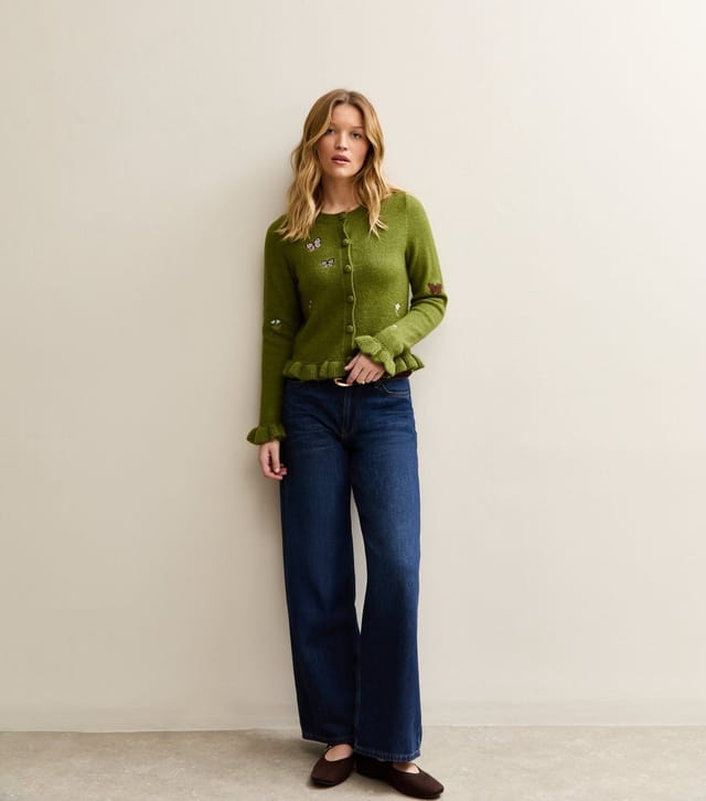 New Look Women's Green Embroidered Butterfly Frill Hem Cardigan New Look - 3