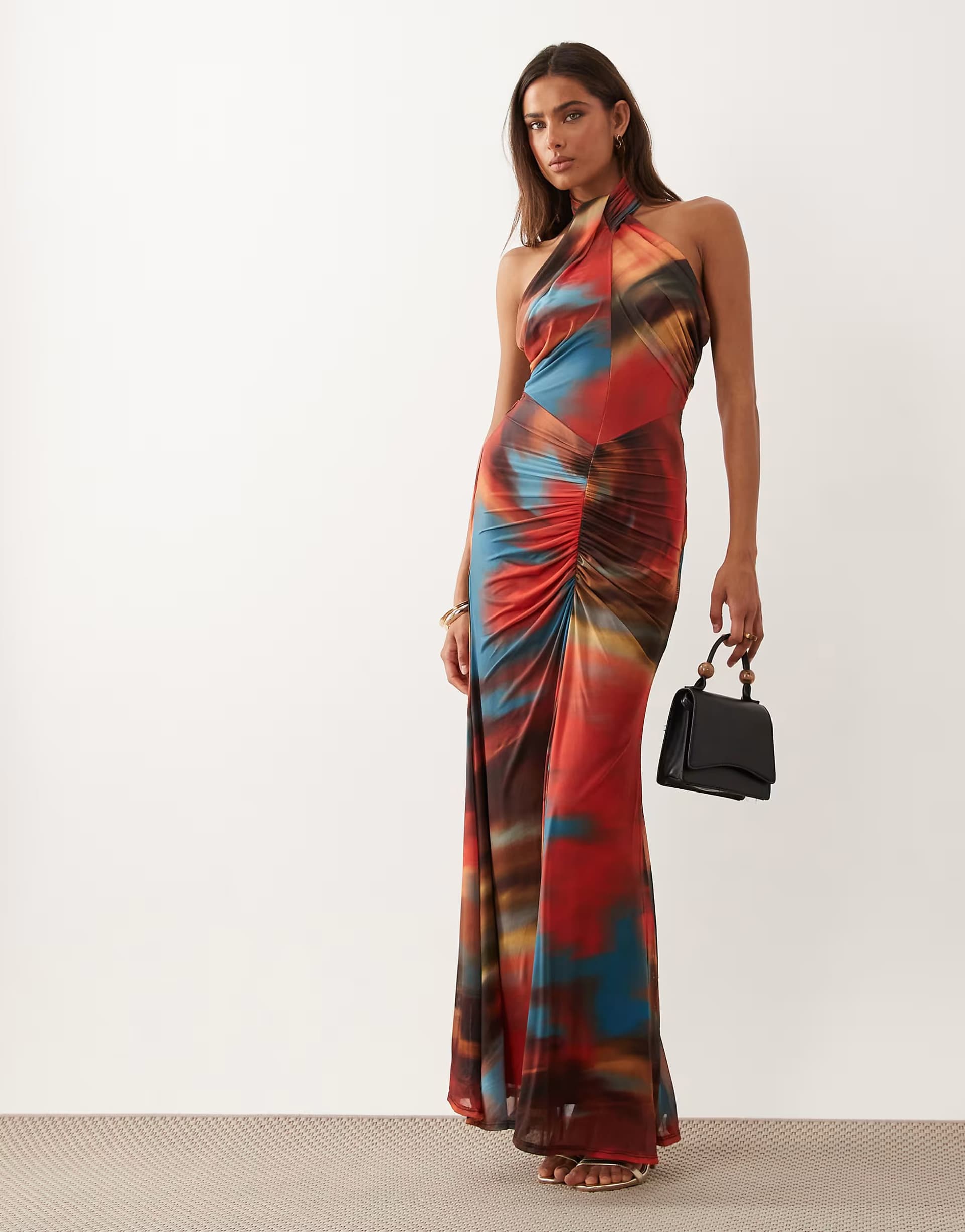 ASOS ASOS DESIGN mesh halter neck maxi dress with ruched skirt in blue abstract print