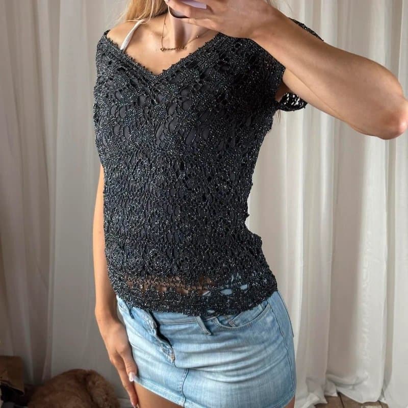 Wallis Y2K grey sparkle crochet top