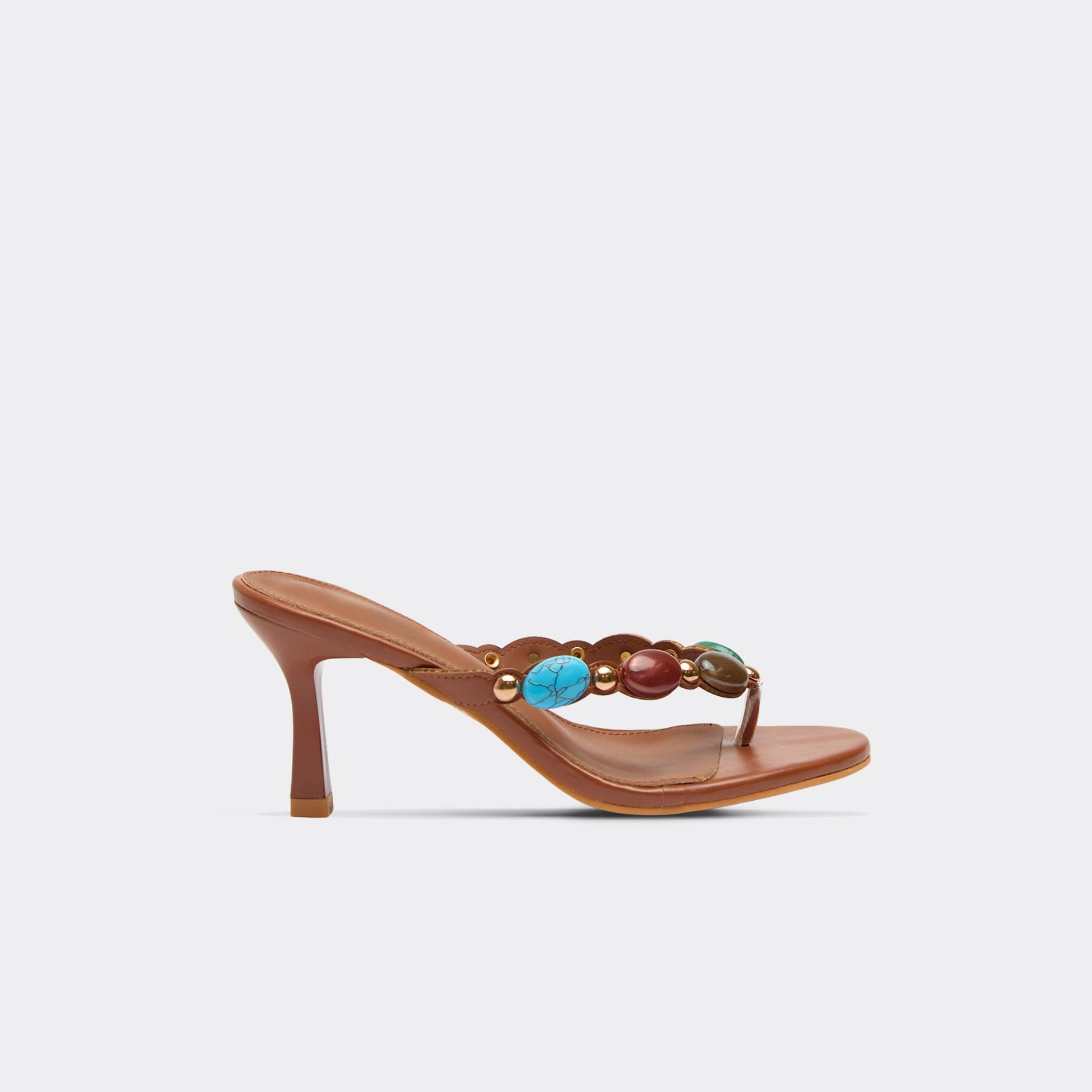 EGO Aspen Gem Thong Strap Detail Heeled Mule In Brown Faux Leather, Women's Size UK 3