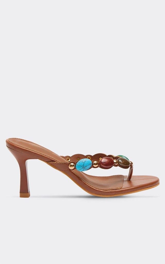 EGO Aspen Gem Thong Strap Detail Heeled Mule In Brown Faux Leather, Women's Size UK 3 - 2