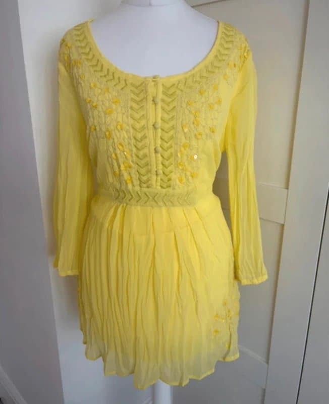 Per Una Per Una Yellow Embellished Chiffon Tunic UK 12 Boho Festival Floaty Embroidered Sequin