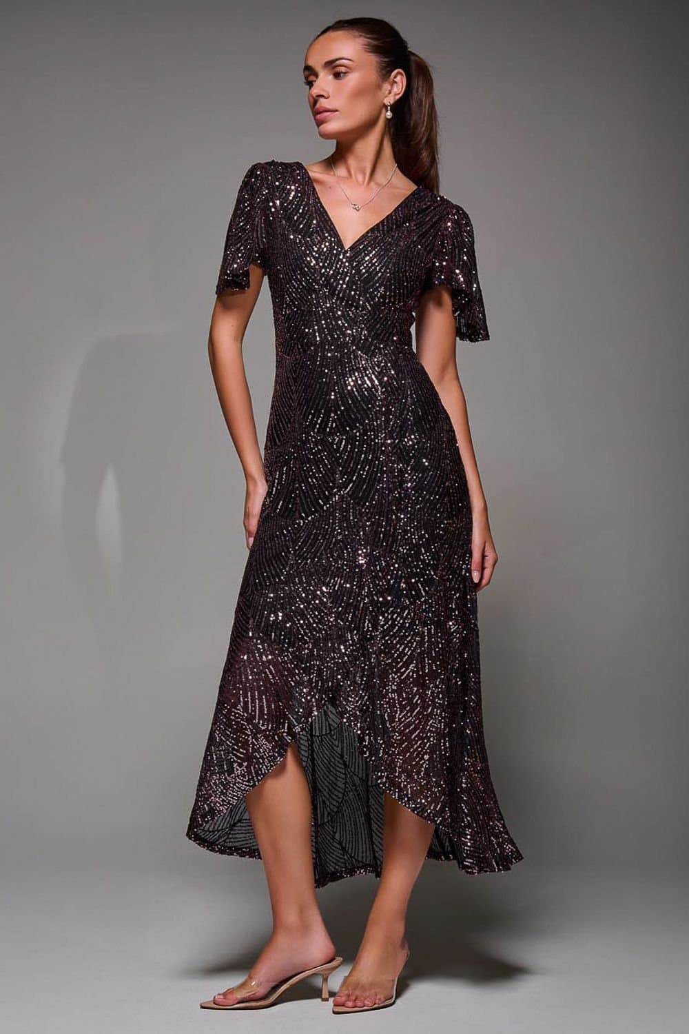 Jolie Moi Jolie Moi Women's Sequin Angel Sleeve Ruffle Hem Maxi Dress