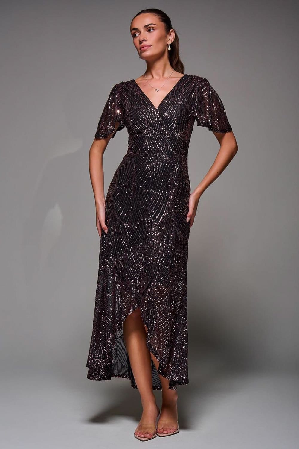 Jolie Moi Jolie Moi Women's Sequin Angel Sleeve Ruffle Hem Maxi Dress - 4