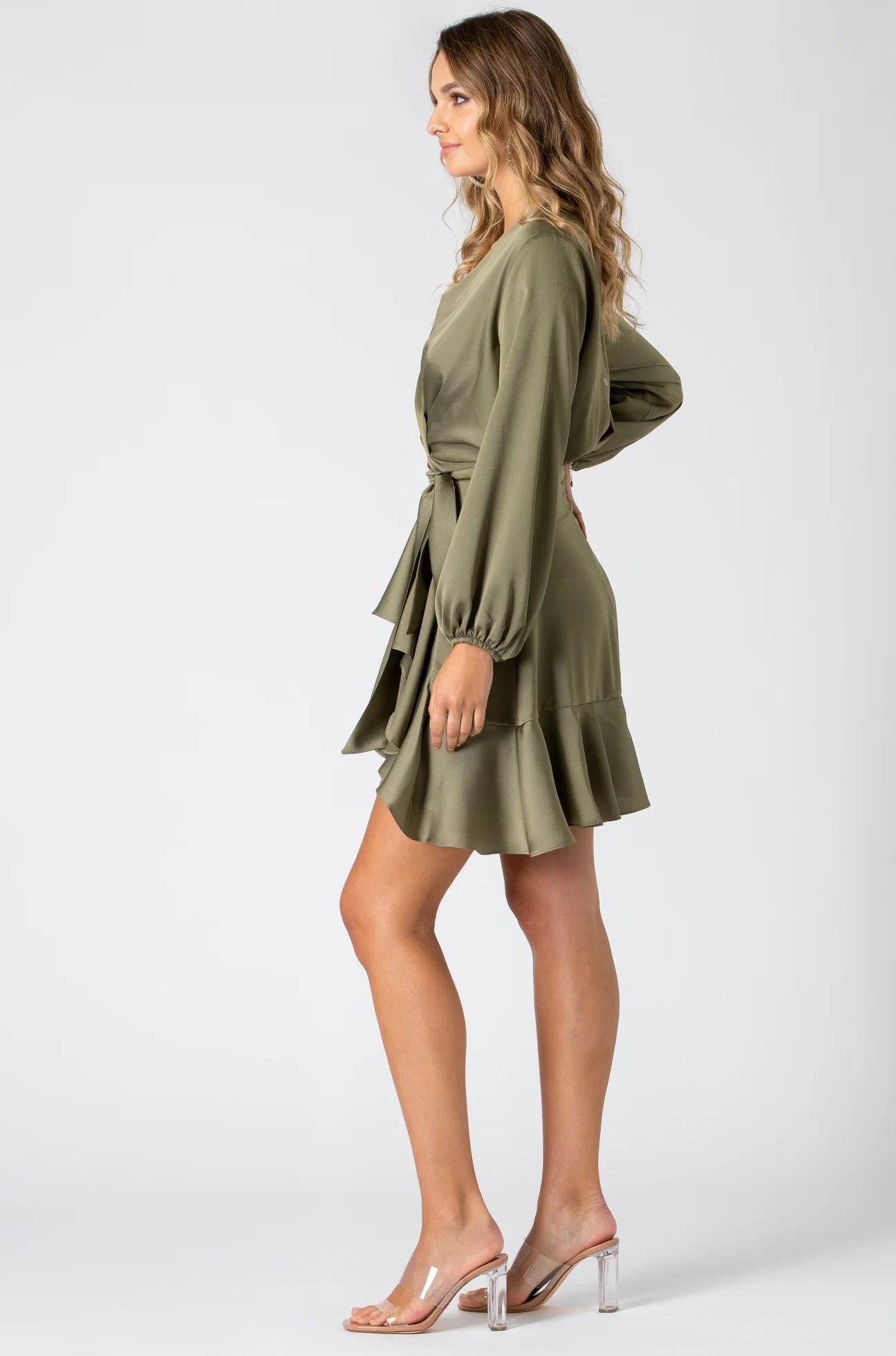 Urban Touch Urban Touch Women's Long Sleeve Wrap Front Dress in Khaki - 2