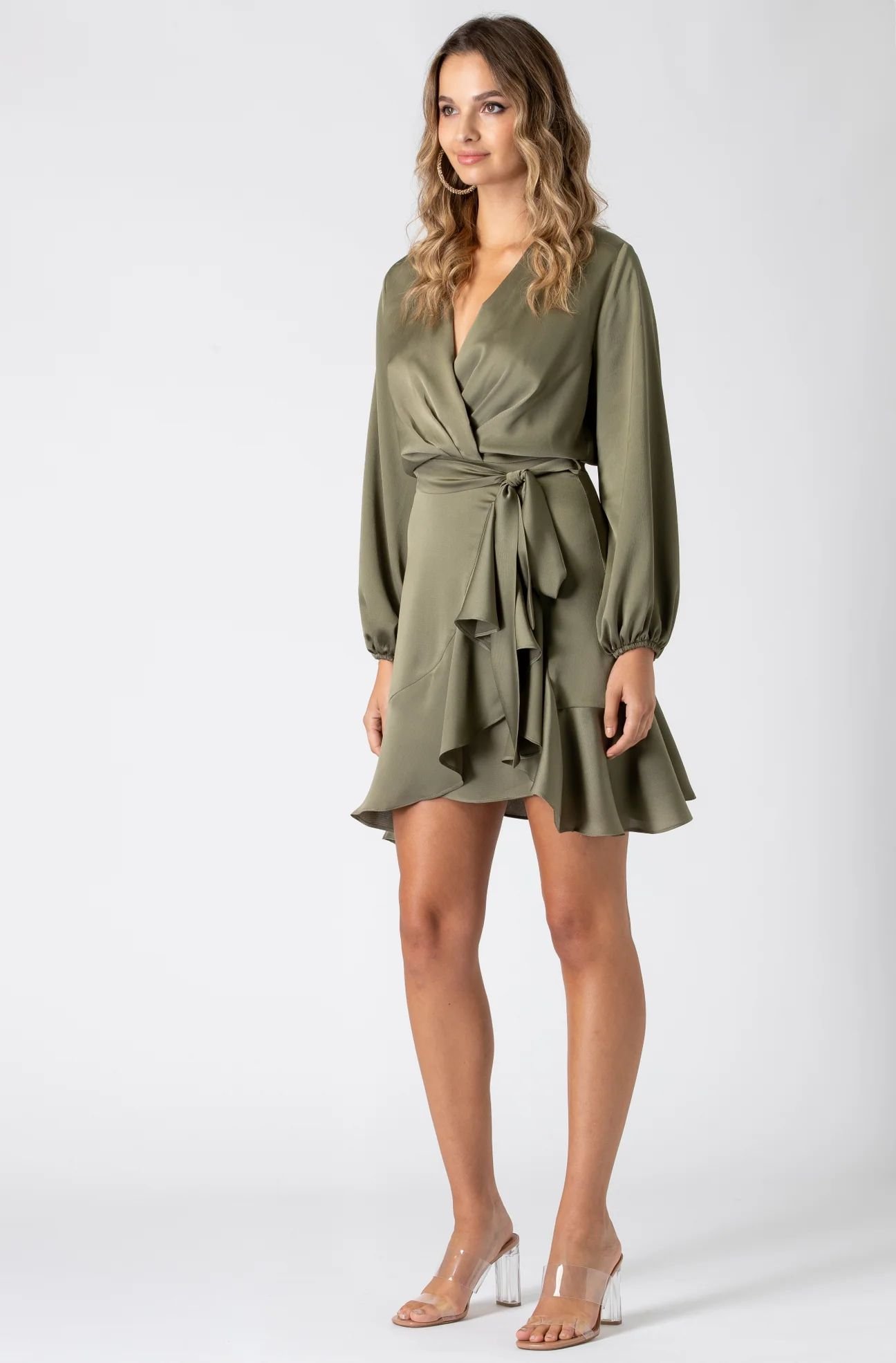 Urban Touch Urban Touch Women's Long Sleeve Wrap Front Dress in Khaki - 4