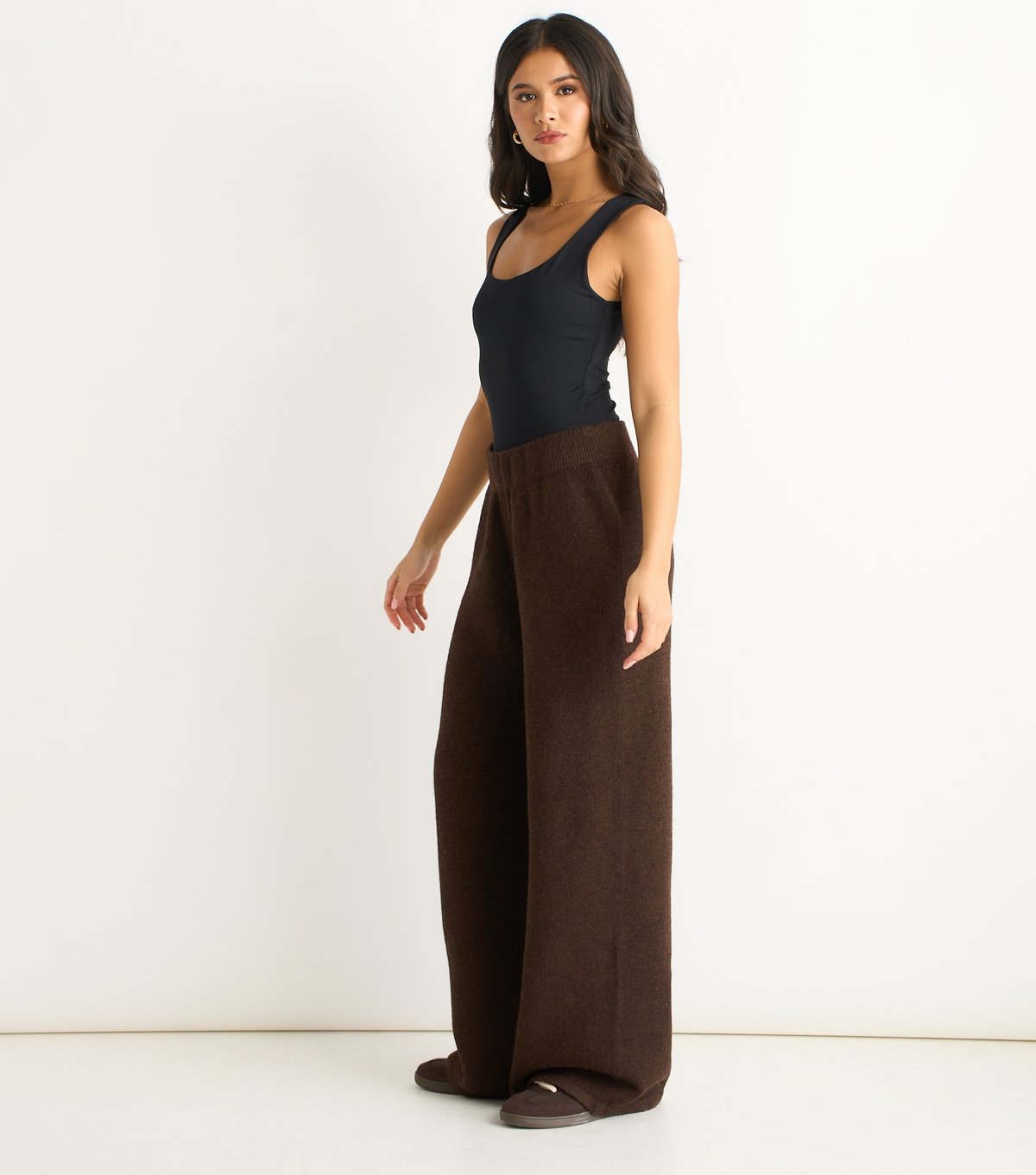 Gini London Women's Dark Brown Brushed Knit Wide Leg Trousers Gini London New Look - 3