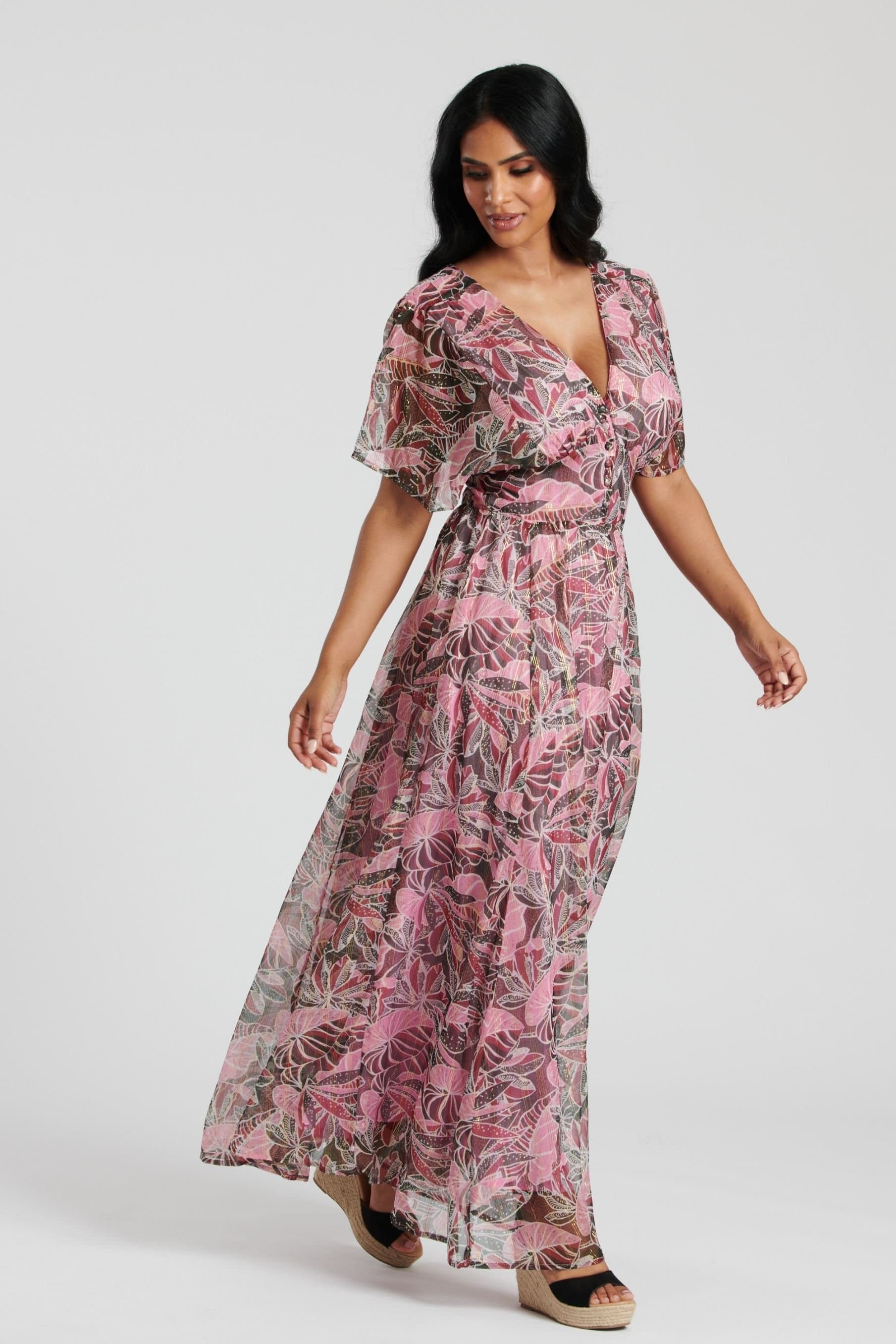 South Beach South Beach Women's Metallic Chiffon Button Detail Maxi Dress in Pink