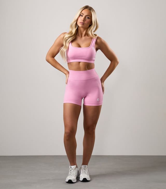 Gym King Women's Pink Ribbed Panel Logo Print Shorts Gym King New Look - 2