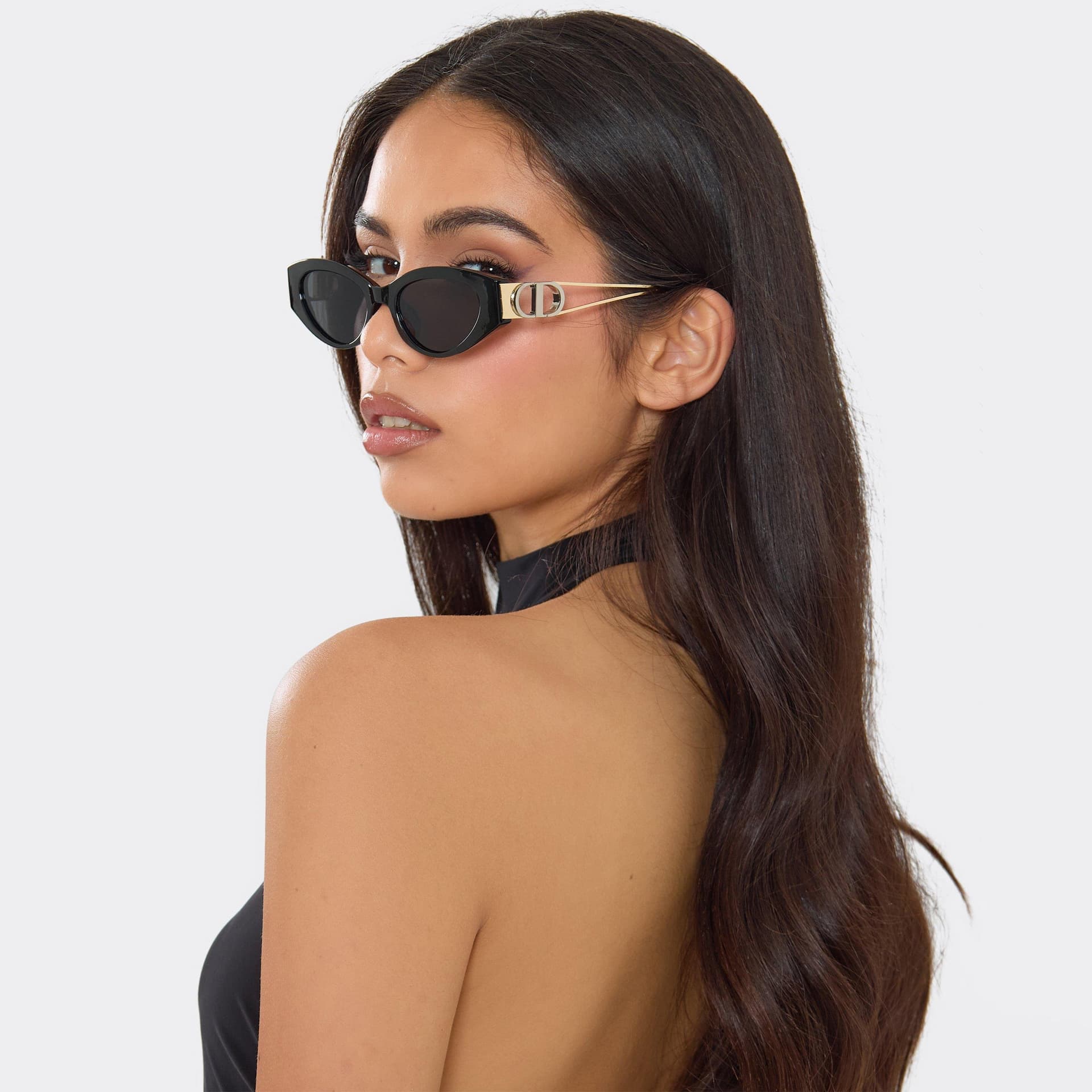 EGO Cateye Shaped Cut Out Side Logo Detail Tinted Lense Sunglasses In Black, Women's Size UK 0