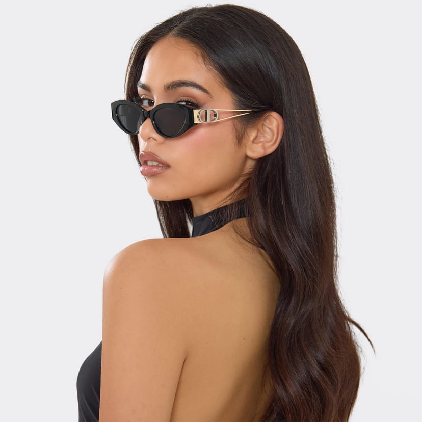 EGO Cateye Shaped Cut Out Side Logo Detail Tinted Lense Sunglasses In Black, Women's Size UK 0 - 1