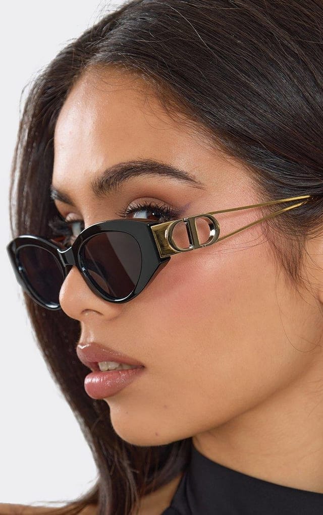 EGO Cateye Shaped Cut Out Side Logo Detail Tinted Lense Sunglasses In Black, Women's Size UK 0 - 2